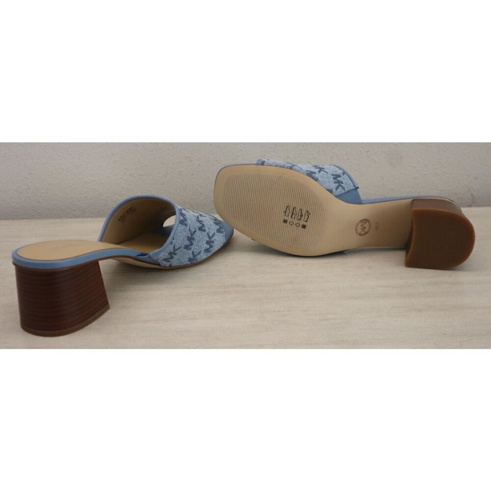 Michael Kors PV24K Women Sz 11M Blue Denim Logo Print Heeled Slides Sandals - Picture 4 of 10